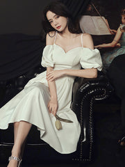 Handmade Bridesmaid DressSimple White Sweetheart Neck Short Wedding Guest Dress