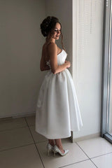 Handmade Bridesmaid DressSimple White Sweetheart Satin Short Wedding Guest Dress