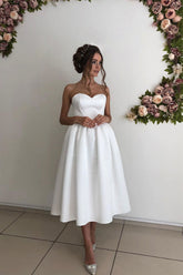 Handmade Bridesmaid DressSimple White Sweetheart Satin Short Wedding Guest Dress