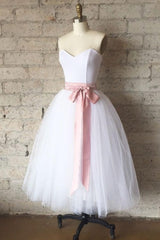 Handmade Bridesmaid DressSimple White Tulle Tea Length Wedding Guest Dress