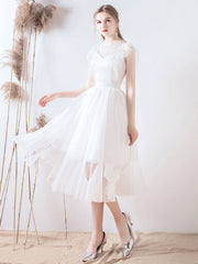 Handmade Bridesmaid DressWhite Round Neck Tulle Lace Short Lace Wedding Guest Dress