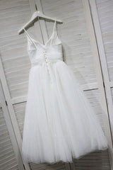 Handmade Bridesmaid DressWhite V Neck Tulle Lace Tea Length Wedding Guest Dress