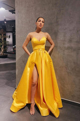 Handmade Bridesmaid DressYellow Satin Long Simple Wedding Guest Dress