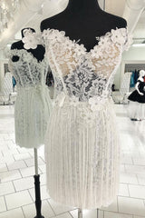 Handmade Homecoming Dress Cute Sweetheart Lace Short Ivory Evening Dress