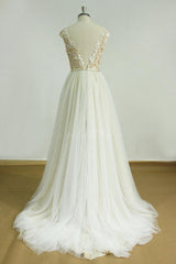 Handmade Ivory A Line Round Neck Lace Long Handmade Wedding Dress Lace Bridal Gown