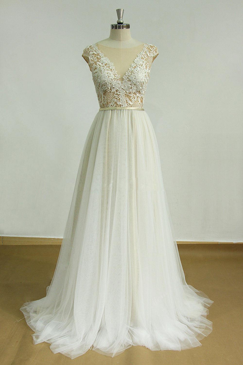Handmade Ivory A Line Round Neck Lace Long Handmade Wedding Dress Lace Bridal Gown
