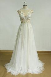 Handmade Ivory A Line Round Neck Lace Long Handmade Wedding Dress Lace Bridal Gown