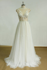 Handmade Ivory A Line Round Neck Lace Long Handmade Wedding Dress Lace Bridal Gown