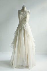 Handmade Ivory Round Neck Lace Chiffon Long Handmade Wedding Dress Lace Bridal Gown