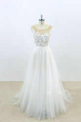 Handmade Ivory Round Neck Lace Tulle Long Handmade Wedding Dress Ivory Lace Bridal Gown