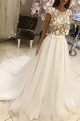 Handmade Ivory Round Neck Tulle Lace Long Handmade Wedding Dress Ivory Bridal Gown