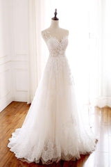 Handmade Ivory Round Neck Tulle Lace Long Handmade Wedding Dress Ivory Tulle Bridal Gown