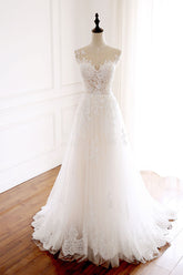 Handmade Ivory Round Neck Tulle Lace Long Handmade Wedding Dress Ivory Tulle Bridal Gown
