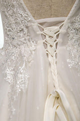 Handmade Ivory V Neck Lace Tulle Long Handmade Wedding Dress Bridal Gown
