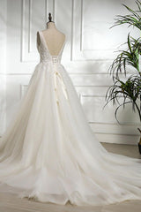 Handmade Ivory V Neck Lace Tulle Long Handmade Wedding Dress Bridal Gown