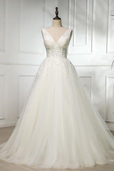 Handmade Ivory V Neck Lace Tulle Long Handmade Wedding Dress Bridal Gown