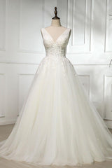 Handmade Ivory V Neck Lace Tulle Long Handmade Wedding Dress Bridal Gown
