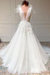 Handmade Ivory V Neck Tulle Lace Long Handmade Wedding Dress Tulle Bridal Gown