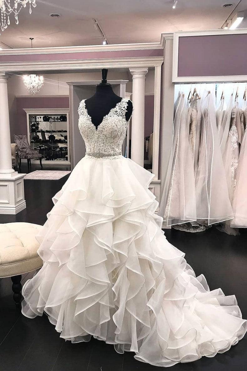 Handmade Ivory V Neck Tulle Lace Long Handmade Wedding Dress Tulle Lace Bridal Gown