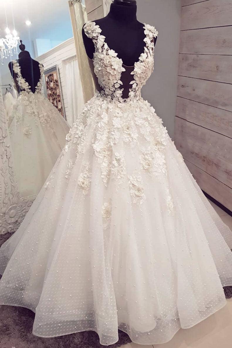 Handmade Ivory V Neck Tulle Lace Long Handmade Wedding Dress Tulle Lace Bridal Gown