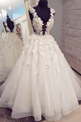 Handmade Ivory V Neck Tulle Lace Long Handmade Wedding Dress Tulle Lace Bridal Gown