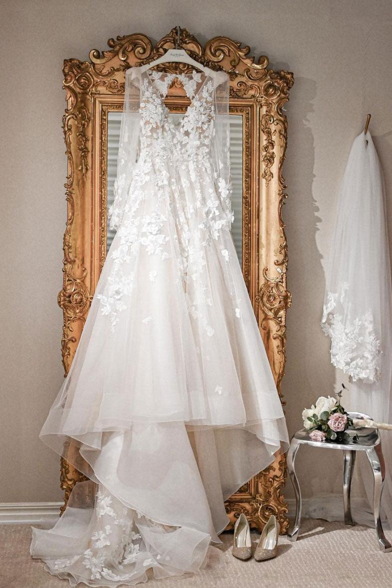 Handmade Ivory V Neck Tulle Lace Long Lace Beach Bridal Gown