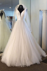 Handmade Ivory V Neck Tulle Long Handmade Wedding Dress Bridal Gown