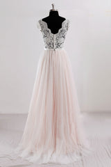 Handmade Pink V Neck Lace Tulle Long Handmade Wedding Dress Pink Bridal Gown