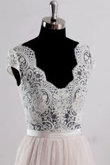 Handmade Pink V Neck Lace Tulle Long Handmade Wedding Dress Pink Bridal Gown