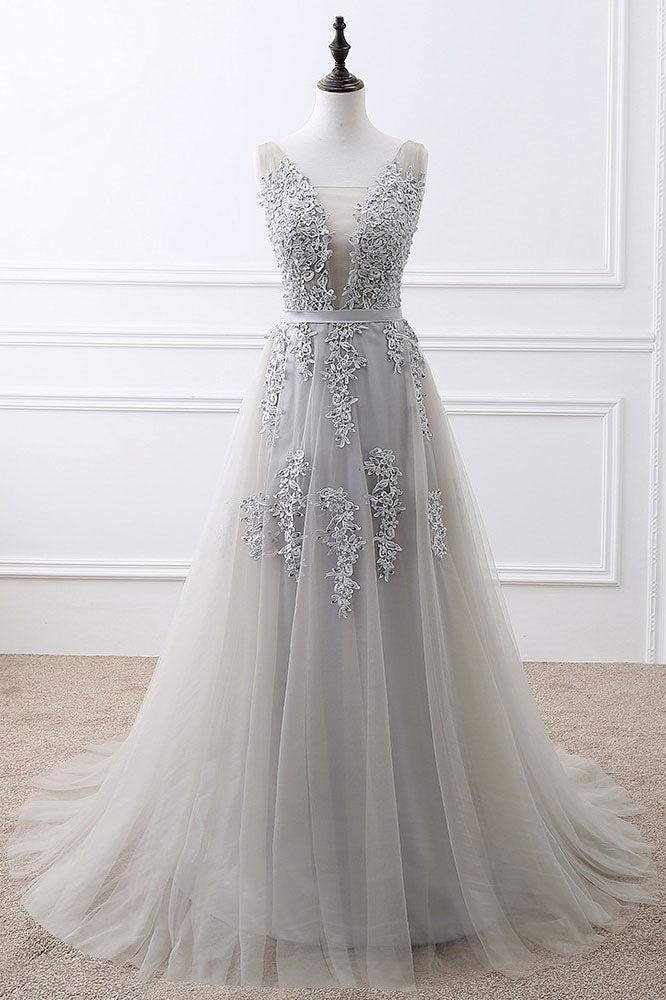 Handmade Prom Dress Gray V Neck Lace Tulle Long Wedding Guest Dress