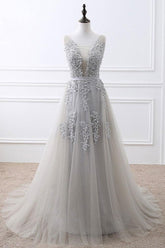 Handmade Prom Dress Gray V Neck Lace Tulle Long Wedding Guest Dress