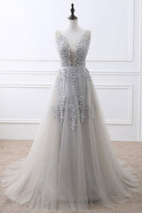 Handmade Prom Dress Gray V Neck Lace Tulle Long Wedding Guest Dress