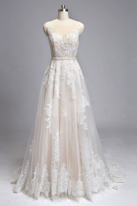 Handmade Round Neck Tulle Lace Long Bridal Gown