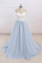 Handmade Simple Blue Prom Dress Tulle Long Wedding Guest Dress Formal Evening Dress