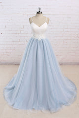 Handmade Simple Blue Prom Dress Tulle Long Wedding Guest Dress Formal Evening Dress
