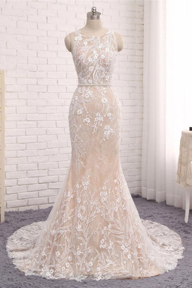 Handmade Unique Round Neck Lace Mermaid Long Evening Dress Bridal Gown