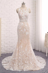Handmade Unique Round Neck Lace Mermaid Long Evening Dress Bridal Gown
