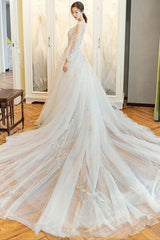 Handmade Unique Round Neck Tulle Lace Long Bridal Dress