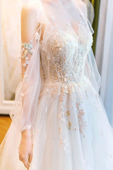 Handmade Unique Round Neck Tulle Lace Long Bridal Dress