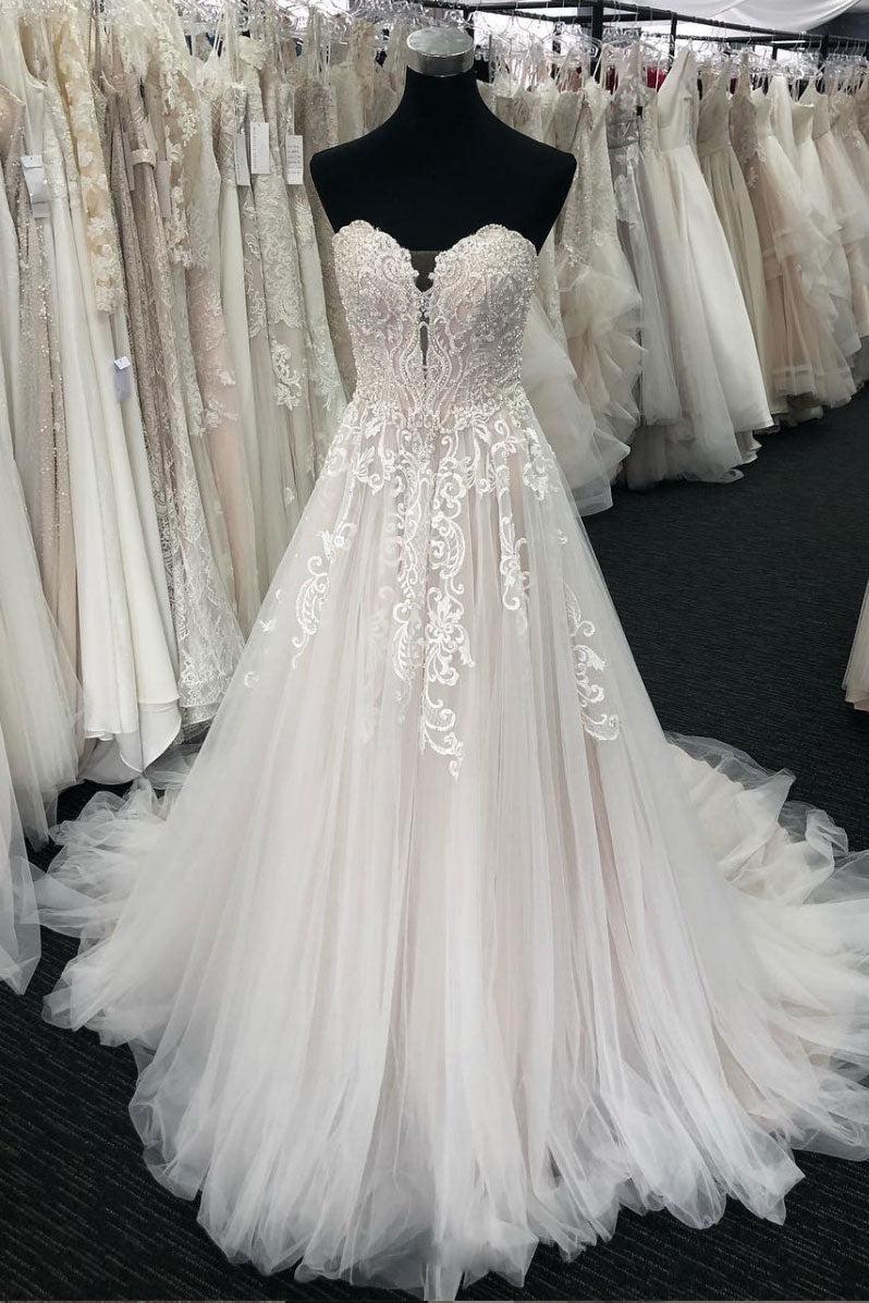 Handmade Unique Sweetheart Neck Tulle Lace Long Handmade Wedding Dress Tulle Bridal Gown