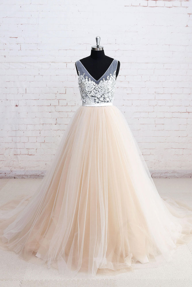 Handmade V Neck Lace Tulle Long Handmade Wedding Dress Bridal Gown