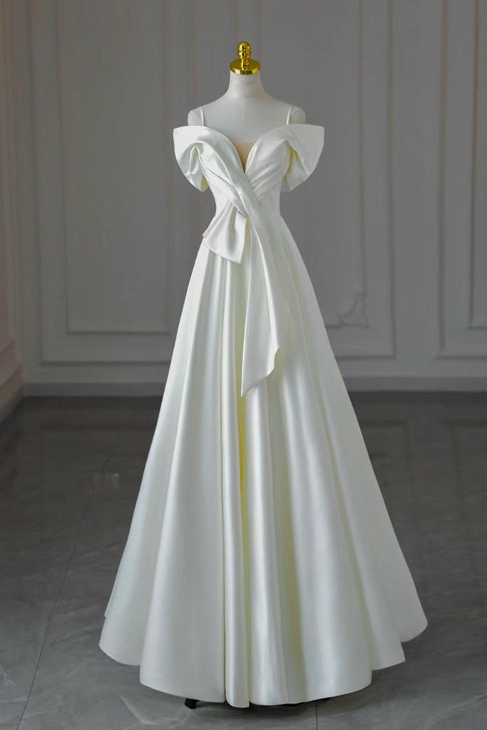 Handmade Wedding Dress A Line Off the Shoulder Satin Ivory Long Formal Dress Evening Dress