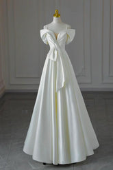 Handmade Wedding Dress A Line Off the Shoulder Satin Ivory Long Formal Dress Evening Dress