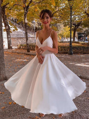 Handmade Wedding Dress A Line V Neck Ivory Satin Tea Length Formal Wedding Party Dress