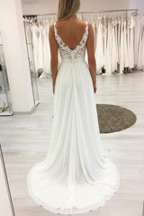 Handmade Wedding Dress A Line V Neck White Long Chiffon Lace Bridal Gown