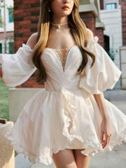 Handmade Wedding Dress Cute Ivory Long Sleeve Taffeta Short Evening Dress
