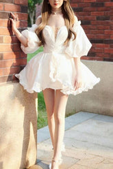 Handmade Wedding Dress Cute Ivory Long Sleeve Taffeta Short Evening Dress