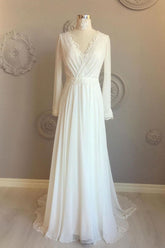 Handmade Wedding Dress Ivory Chiffon V Neck Long Evening Dress
