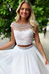 Handmade Wedding Dress Ivory Crew Neck Tulle Lace Two Piece Long Formal Dress