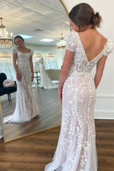 Handmade Wedding Dress Ivory Delicate Appliques Square Neck Puff Sleeves Long Evening Dress